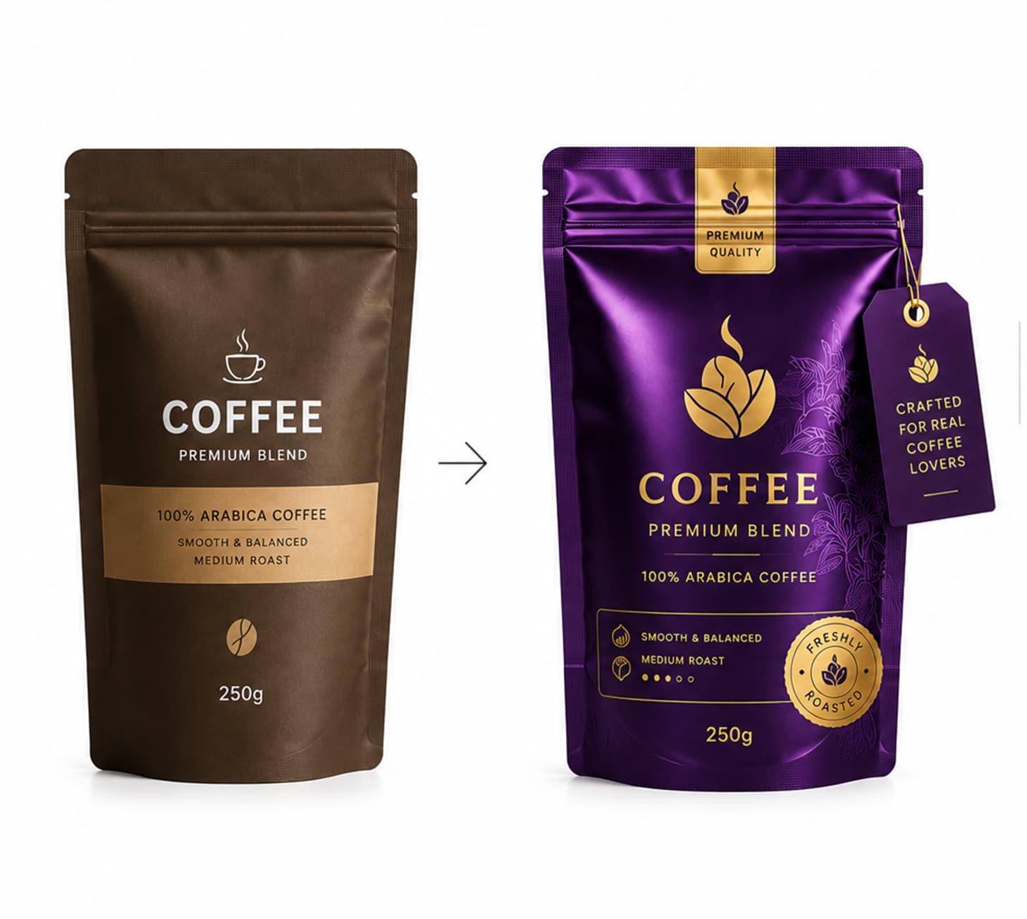 Coffee Pouch Packaging Rebranding - Before 2024 vs After 2026 Premium Coffee Blend